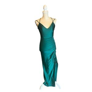 NWT E.L.H. Studio Prom tie-up slit formal dress hunter green faux satin